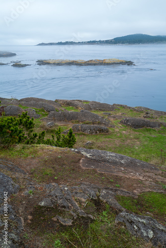 San Juan Island viewed from Shark Reef Sanctuary, Lopez Island, Washington, USA