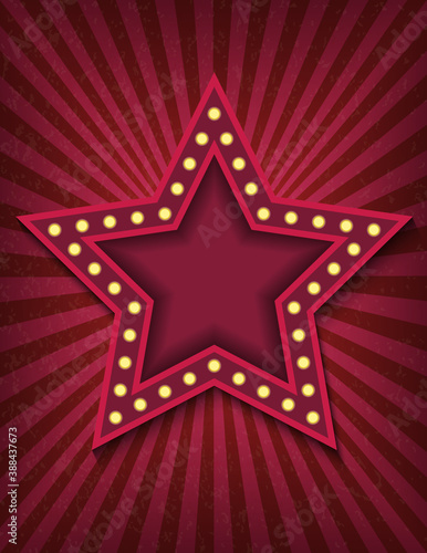 Brightly glowing star retro cinema neon sign. Circus style show vertical banner template. Background vector poster image