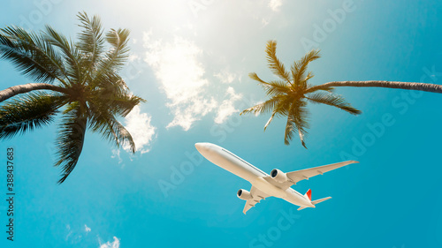 Airplane flying on tropical summer vacation.