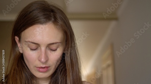 Woman very upset. Mistreated woman. Crying eyes of female. Portrait of brunette woman in the sorrow.