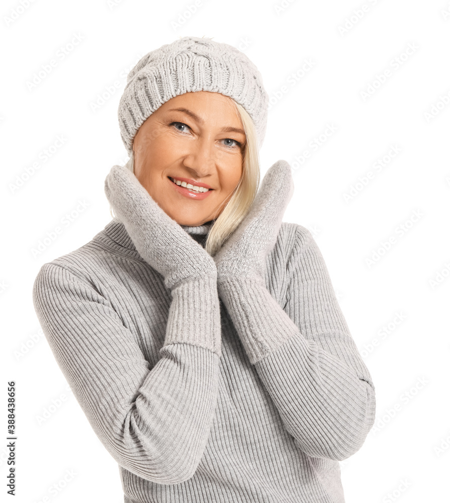 Mature woman in winter clothes on white background Mature woman in winter clothes on white background