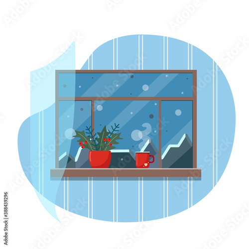 Vector winter cozy window. A bouquet of branches and leaves and cup of hot tea on the windowsill.
