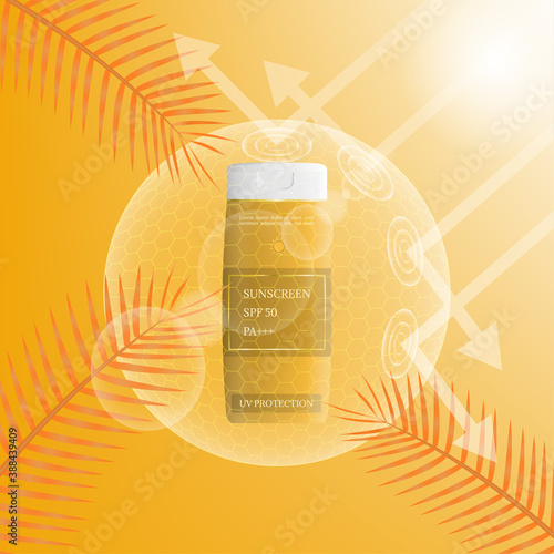 Anti uv sunblock presentation. Sunscreen product background with sun. Protect skin from ultraviolet.