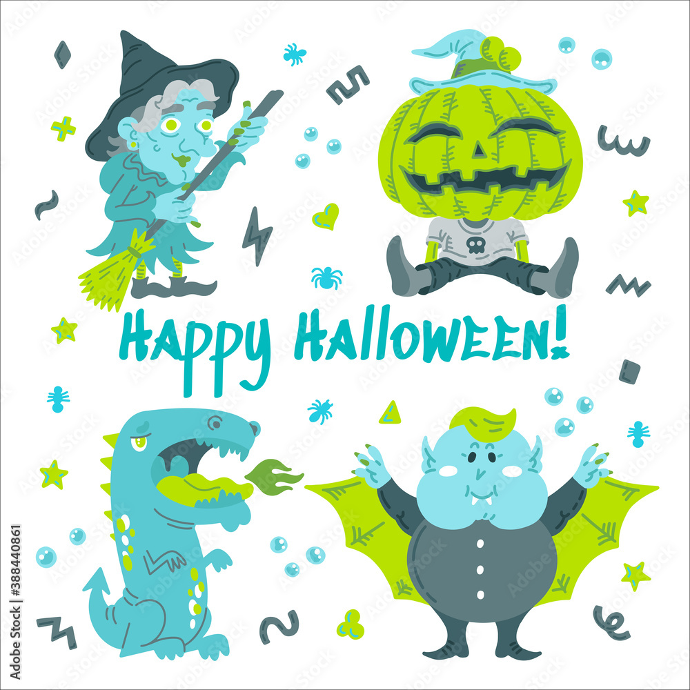 Naklejka premium Monster Cartoon Character set. Handdrawn vector illustration with Pumpkin, Witch, Dragon, a Vampire and small patterns. Mystery, All Saints Day concept for halloween party, posters, greeting cards