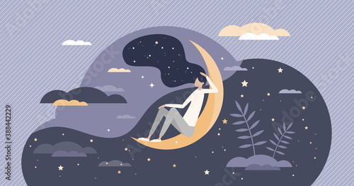 Good sleep at night moon with deep and healthy dreams tiny person concept