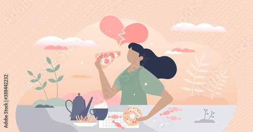 Binge eating as consolation with overeating and gluttony tiny person concept