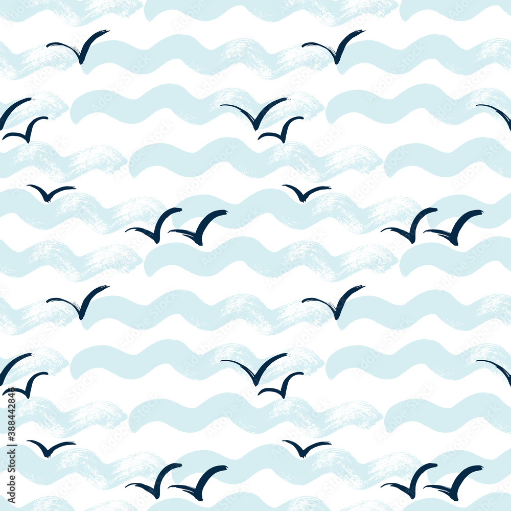 Seamless vector pattern with sea waves and seagulls. Dry brush and ink.