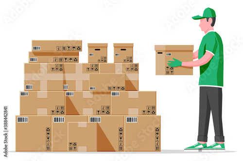 Cardboard boxes pile and mover isolated on white. Carton delivery packaging closed, sealed, cubic, big and small box with fragile signs. Vector illustration in flat style
