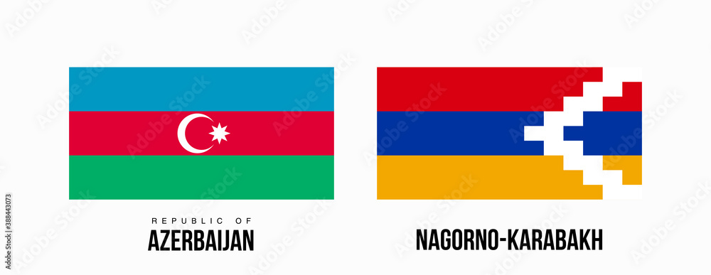 Nagorno-Karabakh and Azerbaijan flags state symbols isolated on background national banner. war for independence of Artsakh Nagorno-Karabakh, Azerbaijan. Illustration with flat Official state flags.