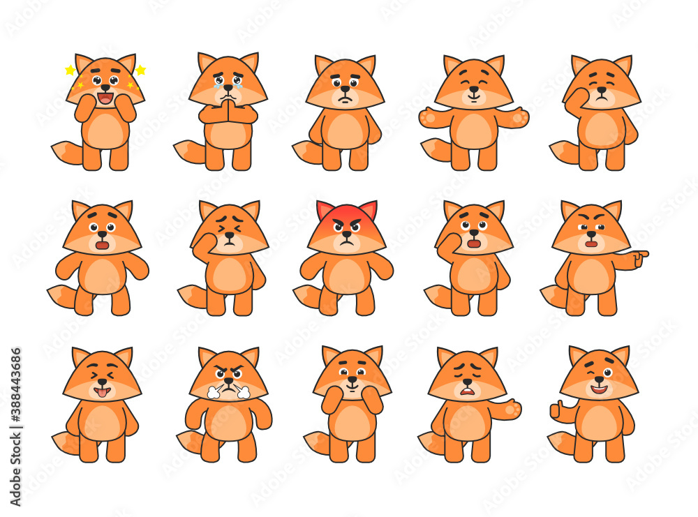 Fox mascot showing various emotions. Cute fox suspicious, surprised, sad, sleeping, angry, laughing, crying and showing other expressions. Vector illustration bundle