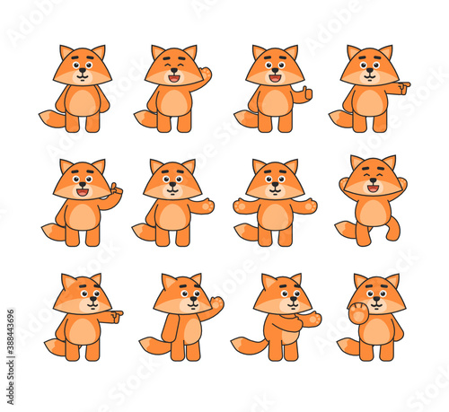 Fox mascot showing various hand gestures. Cute fox pointing, greeting, celebrating, showing stop hand, thumb up and other gestures. Vector illustration bundle