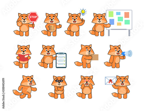 Fox mascot in various situations. Cute fox holding stop sign, parcel box, reading book, pointing to idea, running and showing other actions. Vector illustration bundle
