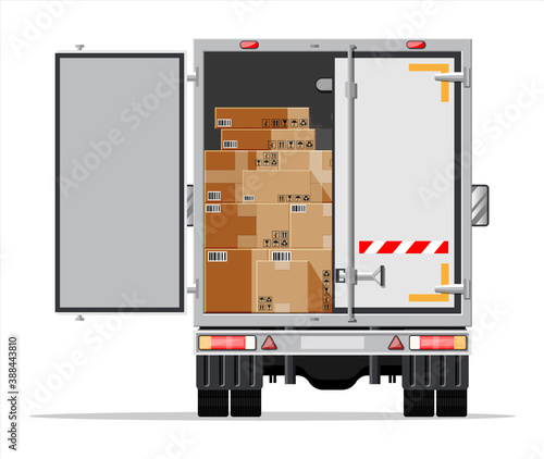 Truck trailer rear view loaded with cardboard boxes. Delivery van with pile of boxes. Express delivering services commercial truck. Fast and free delivery. Cargo logistic. Flat vector illustration
