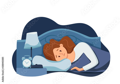 Sleepy awake woman in bed suffers from insomnia. Vector illustration