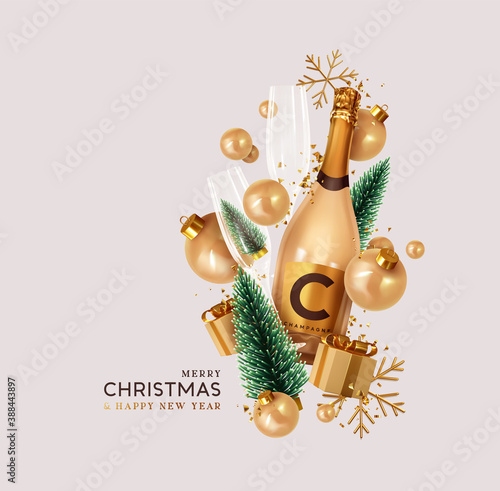 Merry Christmas and Happy New Year. Xmas Festive background with realistic 3d objects champagne bottle, gift boxes, bauble balls, green christmas tree. Levitation falling design composition.