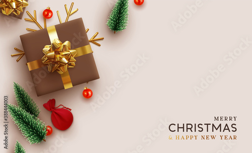 Christmas background. Realistic design with 3d Xmas decoration objects, gift box, fir green trees, bauble balls, gold metal shiny snowflake. Flatlay top view composition. Greeting card, banner, poster