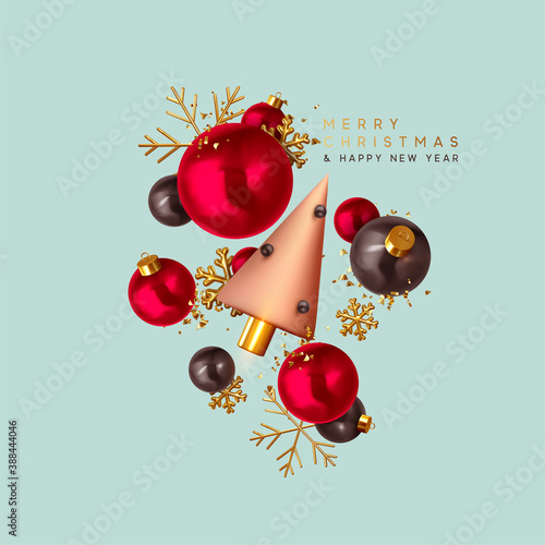 Merry Christmas and Happy New Year. Xmas Festive background with realistic 3d objects, black and red bauble balls, conical metal christmas tree. Gold snowflake. Levitation falling design composition.