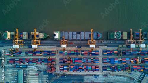 Aerial top view commercial dock freight transportation global business, Container ship business seafreight logistics import export freight shipping, Container vessel cargo freight ship port of loading