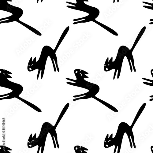 Seamless pattern with hissing angry black witch cat. Happy Halloween. Textured background for greeting card, invitation, party poster, banner