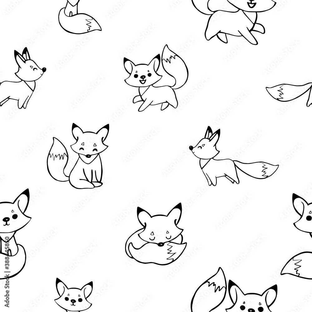 Doodle black and white fox seamless pattern for nursery. Cartoon vector illustration. Cute graphic background. Foxes print for kids. Scandinavian design for little baby room.