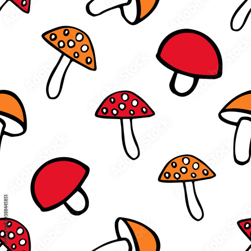 Doodle fly agaric, tiny mushroom sketch seamless pattern for nursery. Cartoon vector illustration. Cute graphic background. Print for kids. Scandinavian design for little baby room.