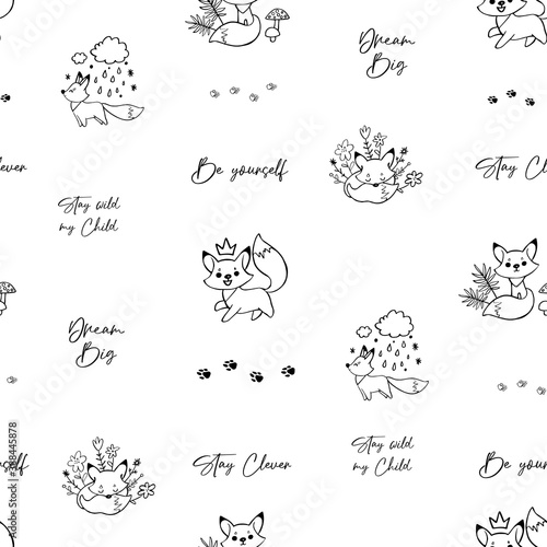 Black and white foxes doodle seamless pattern for nursery. Cartoon vector fox illustration. Cute graphic background. Print for kids. Scandinavian design for little baby room.