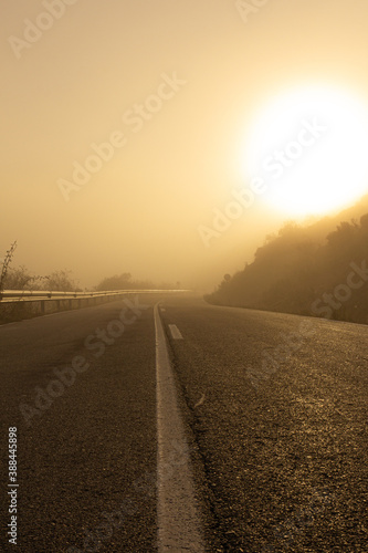 Beautiful picture of a road in a foggy day during the sun rising. Close up looking of the tarmac. Low shot.