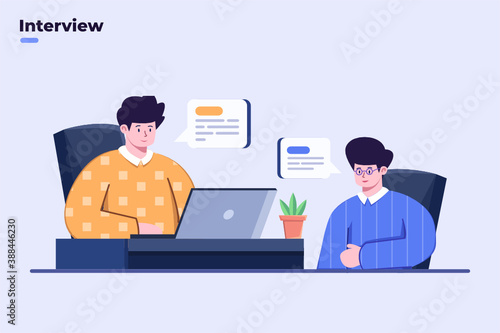 Flat illustration Job Interview process with HR manager. Human Resource and Hiring Process. Joining process at company. People are interviewing to apply for jobs. People discussion, Application and CV
