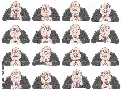 Funny fat clerk with different facial expressions and poses at his desk during a hard work day in an office, vector cartoon illustrations isolated on a white background