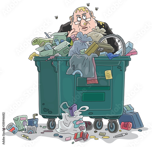 Sad corrupt official dismissed and thrown into a trash can with household garbage and waste, vector cartoon illustration isolated on a white background

