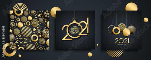 2021 Happy New Year luxury greeting cards set. New Year holiday invitations templates collection with hand drawn lettering and gold christmas balls. Vector illustration.