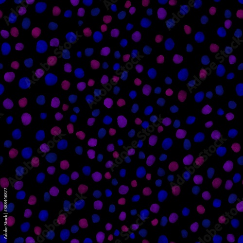 Blue and pink polka dots on a black background. Abstract bright background. Cute illustration for the decor and design of posters, postcards, prints, stickers, invitations, textiles and stationery. © Екатерина Карпущенко