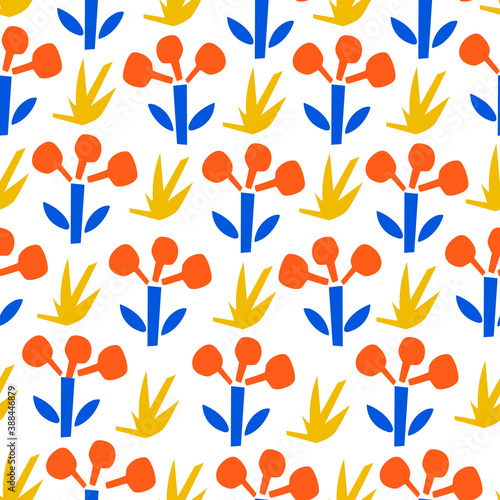 Bright seamless pattern with primitive natural elements on white background. Colorful simple vector illustration with paper cut berries and plants for wallpaper, scrapbooking, surface design