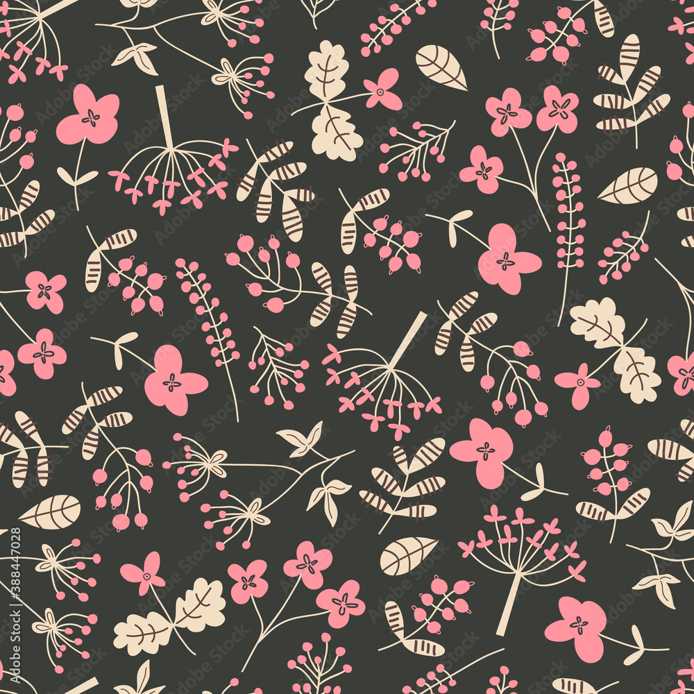 Seamless flat floral pattern with flowers, leaves, berries. Endless vector dark background with simple forest plants for wallpaper, wrapping paper, surface design Seamless flat floral pattern with flowers, leaves, berries. Endless vector dark background with simple forest plants for wallpaper, wrapping paper, surface design