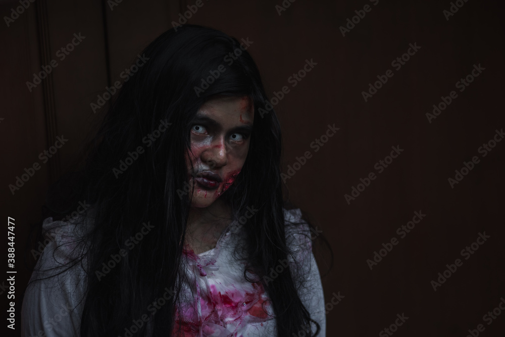 Horror evil woman ghost creepy in a dark room at house. Female zombie in blood devil is scary she haunted at the abandoned building, Happy Halloween festival day concept Horror evil woman ghost creepy in a dark room at house. Female zombie in blood devil is scary she haunted at the abandoned building, Happy Halloween festival day concept