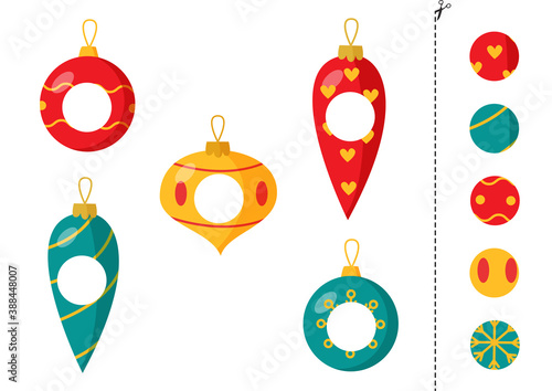 Cut and glue parts of colorful Christmas balls. Educational worksheet for kids.