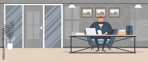 A businessman is working on a laptop in his office. Director's workplace. Laptop, documents, books, loft-style table. Vector.
