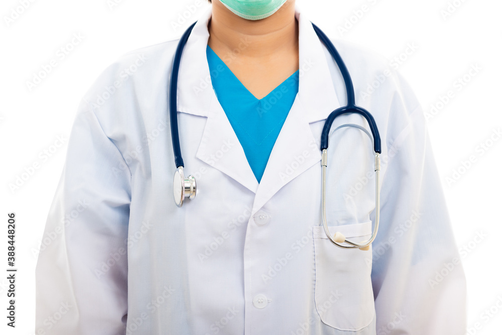 A confident female nurse standing with stethoscope, woman doctor in white uniform, studio shot isolated on over white background, medical health concept A confident female nurse standing with stethoscope, woman doctor in white uniform, studio shot isolated on over white background, medical health concept