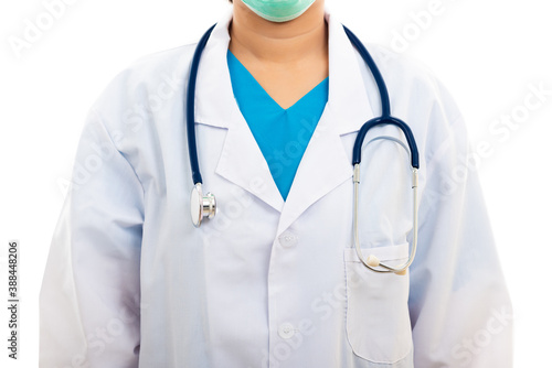 A confident female nurse standing with stethoscope, woman doctor in white uniform, studio shot isolated on over white background, medical health concept