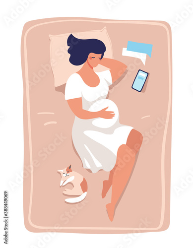 A young pregnant woman lies and sleeps on the bed. Illustration about pregnancy and childbirth, health and relaxation. Flat vector illustration isolated on white background.