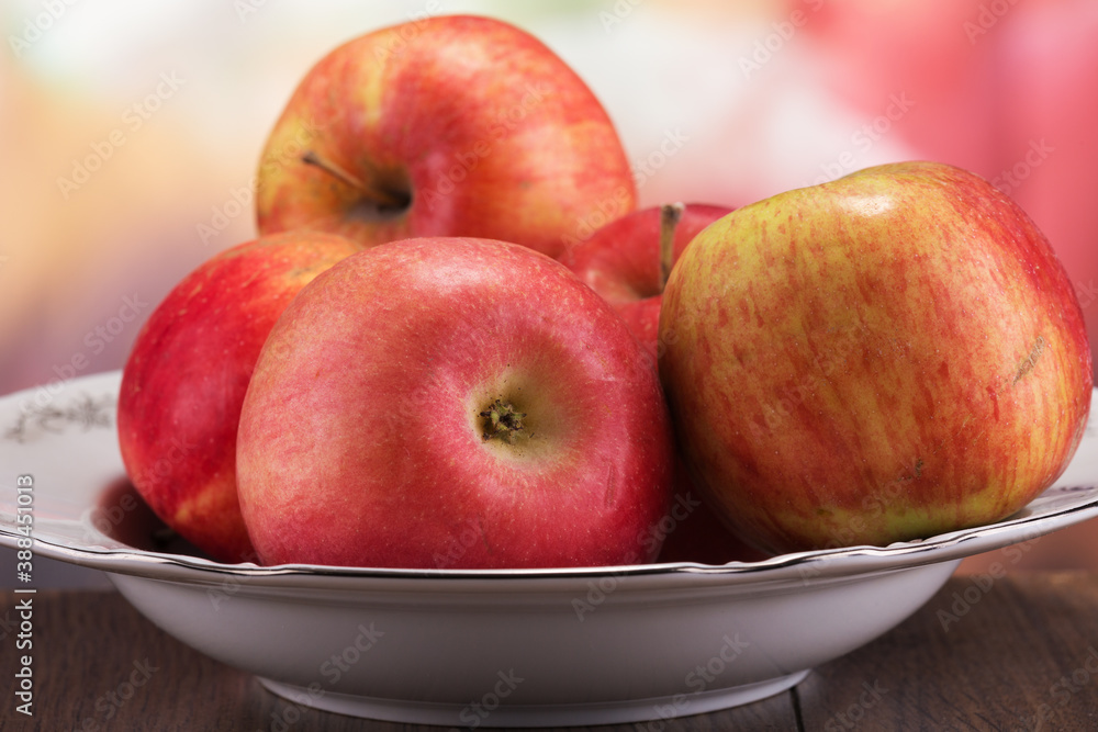 plate with juicy and red apples of autumn harvest plate with juicy and red apples of autumn harvest