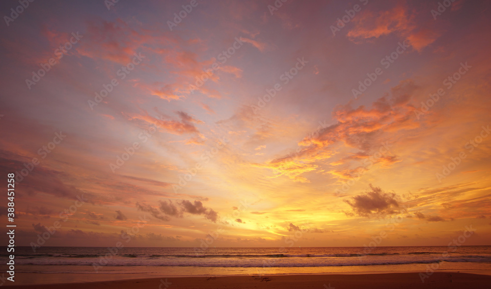Fototapeta premium Nature background. Shot of Landscape amazing of red sky sunset in the sea with red clouds background. Travel concept.