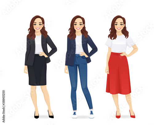 Young happy beautiful woman dressed in different business style clothes set isolated vector illustration