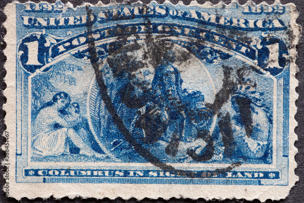USA - Circa 1893: a postage stamp printed in the US showing Columbus in Sight of Land discovered the New World.