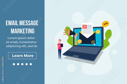 Email message, email marketing, email communication and advertising, people reading email, isometric style email marketing banner template. © Sammby