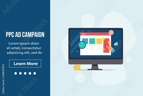 Pay per click, ppc advertising, conversion optimization with search engine marketing campaign. PPC ad on website layout, clicking web ad concept. Landing page vector banner template.