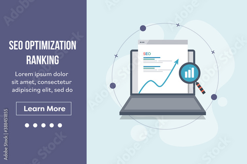 Seo optimization, search engine ranking, search engine result page displaying on laptop screen with magnifying glass and increasing graph. Landing page vector template.