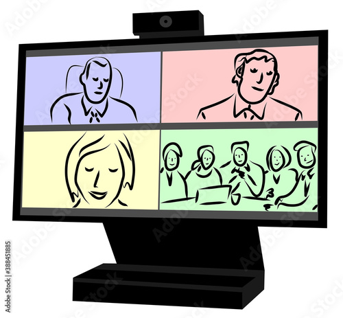 Vector image of a computer monitor during a video conference. Open windows with Skype interlocutors. Online communication and training.