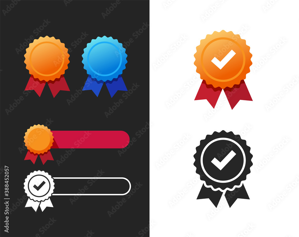 Quality or guarantee award rosette and medal ribbon icon blank empty template vector flat element, golden medallion achievement or recommend warranty check mark seal shape, flat and black white set Quality or guarantee award rosette and medal ribbon icon blank empty template vector flat element, golden medallion achievement or recommend warranty check mark seal shape, flat and black white set