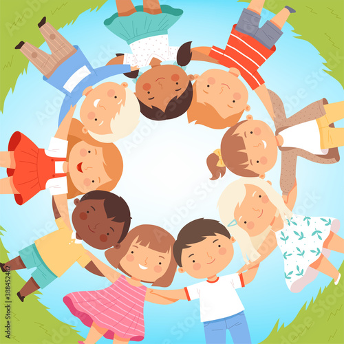 Cute Happy Kids Lying on Lawn in Circle, Adorable Children Holding Hands, Top View, Friendship Concept Cartoon Vector Illustration